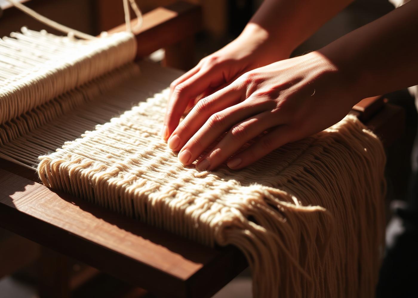 Hands weaving natural wool on a wooden loom in the Burnus studio