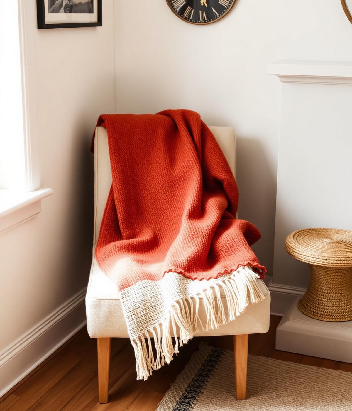 Terracotta handwoven throw blanket on a cream armchair